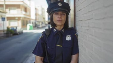 Orta yaşlı İspanyol polis kadın, sokak köşesinde çapraz silahlarla gülümsüyor..