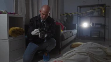 Kapalı alandaki suç mahallinde kameralı kel adam fotoğrafları, adli tıp kanıtları görünür.