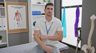 Kollarını kavuşturmuş kendine güvenen İspanyol bir erkek terapist anatomik modellerin yanında bir rehabilitasyon kliniğinde duruyor..