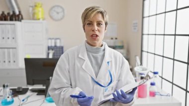 Kısa sarı saçlı İspanyol bir bilimadamı elinde bir dosya ve kalemle arka planda dizüstü bilgisayarı olan bir laboratuarda duruyor..