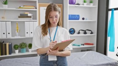 Gözlüklü, odaklanmış sarışın bir kadın klinik odasında bir panoyu inceliyor.