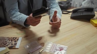 Dedektif kanıt çantalarını ve polis merkezindeki fotoğrafları inceliyor. Devam eden bir soruşturma olduğunu gösteriyor..