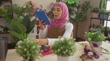 Başörtülü bir kadın, rahat bir ev ortamında kapalı alandaki bitkilerin fotoğraflarını çekmek için tablet kullanır..