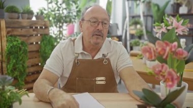 Çiçekçide yeşil bitkilerle saksıda orkide düzenleyen kıdemli çiçekçi.