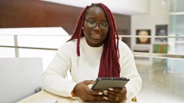 Ofis ortamında tablet kullanan odaklanmış Afrikalı bir kadın profesyonelliği ve teknolojiyi somutlaştırıyor..