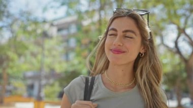 Güneş gözlüklü, gülümseyen genç bir kadın güneşli bir şehir parkında geziniyor..