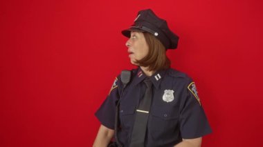 Neşeli İspanyol kadın polis memuru, güzel bir şekilde kendine güvenen, elini ve parmağını izole edilmiş kırmızı bir arka plan üzerinde gösteren, yüzünde ışıl ışıl bir gülümseme