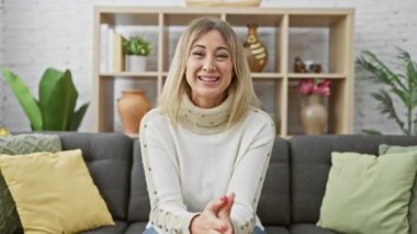 Gülümseyen orta yaşlı sarışın bir kadın. Gri bir kanepede rahat bir oturma odasında. Etrafı bitkilerle çevrili.