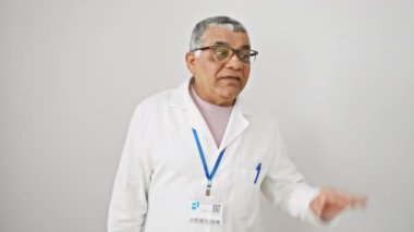 Üniformalı, orta yaşlı, neşeli bir Latin bilim adamı. Dikkatle el ele veriyor. Heyecanla dedikoduları dinliyor. Mükemmel izole edilmiş beyaz arka plan sağırlık endişesi gösteriyor.