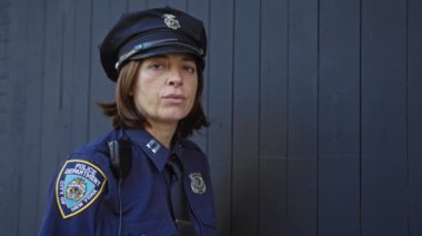 New York 'ta üniformalı, siyah bir duvarın önünde duran orta yaşlı kadın polis memuru..
