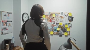 Hafifçe aydınlatılmış bir karakolda kanıt panosunu analiz eden kadın dedektif..