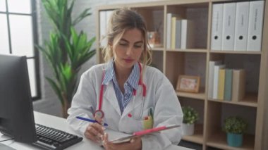 Klinikte bilgisayar, raflar ve bitkilerle notlar yazan odaklanmış sarışın bir kadın doktor..