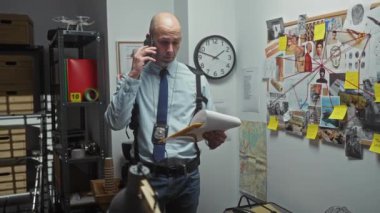 Kemerinde rozeti olan kel bir adam, elinde kanıt panosu olan bir telefon ve belgeler tutuyor..