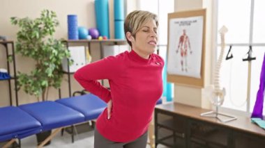 Fizyoterapi kliniğinde sırt ağrısı çeken bir kadın sıkıntılı görünüyor..