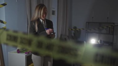 Ofisteki beyaz kadın polis bandıyla suç mahallinde, soruşturma sırasında notlar alıyor, analitik dedektiflik çalışmaları sergiliyor..