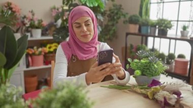 Başörtülü bir kadın, kapalı bir bahçede bitkilerle çevrili bir akıllı telefon kullanırken gülümser..