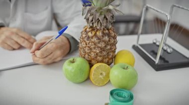 Bir beslenme uzmanı klinikte meyve ananaslı limon ölçüm bandıyla not alıyor..