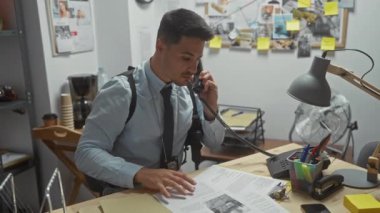 Genç bir İspanyol dedektif polis departmanının kanıt bürosunda telefonla konuşuyor..