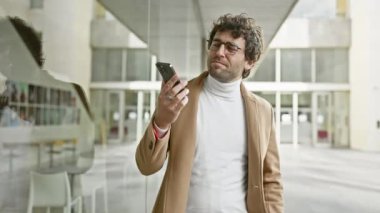 Gözlüklü gülümseyen adam şehir ortamında akıllı telefon kullanıyor ve modern mimarisi cama yansıyor.