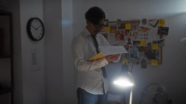 Asyalı adam geceleri kanıt panosuyla birlikte belgeleri inceliyor.