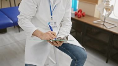 Laboratuvar önlüklü İspanyol adam gülümsüyor, panoya yazıyor, rehabilitasyon kliniğinde rozet takıyor..