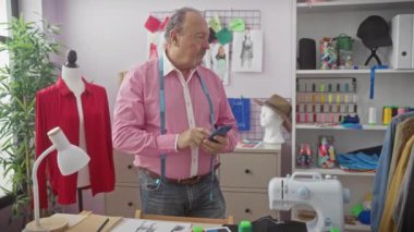 Pembe gömlekli orta yaşlı bir adam terzi dükkanında akıllı telefon kullanıyor. Etrafı dikiş malzemeleri ve kumaşlarla çevrili..