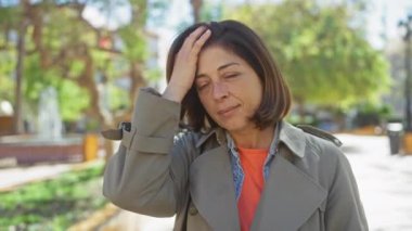 Parkta kendine güvenen bir İspanyol kadın saçını düzeltiyor ve dışarıda kameraya gülümsüyor..