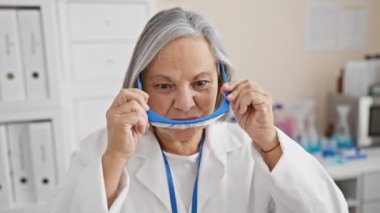 Laboratuvar önlüğü ve güvenlik gözlüğü takmış üst düzey bir kadın bilim adamı, profesyonellik ve uzmanlığı yansıtan bir laboratuvar ortamında kendine güvenerek poz veriyor..