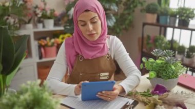 Başörtüsü takan odaklanmış bir kadın evdeki kapalı alandaki bitkilerin arasında üretkenlik ve sükuneti somutlaştıran bir tablet kullanıyor..