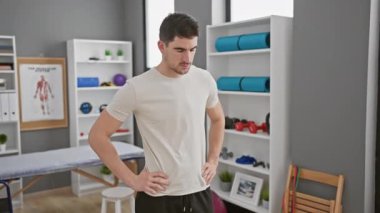 Genç İspanyol bir adam, rehabilitasyon kliniğinde, yanında egzersiz ekipmanlarıyla durup sağlığını ve iyileşme sürecini özenle canlandırıyor..