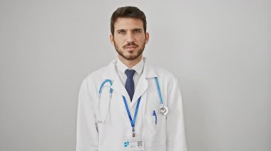 Aşk düşkünü İspanyol bir adam öpücükler saçıyor. Soyutlanmış beyaz bir arka planda steteskopu olan sevimli bir doktor. Seksi, kendinden emin ve güzel bir ifadeyle eğlenceli bir portre..