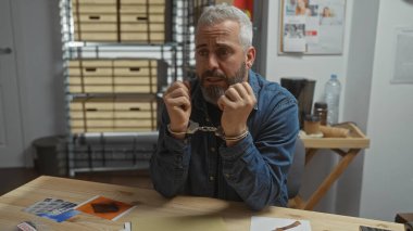 Handcuffed caucasian man looks distressed at a cluttered police station desk with evidence photos clipart