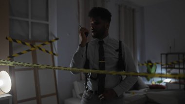 Bir odada bulunan Afro-Amerikalı bir polis, kapalı bir suç mahallinde telsizle iletişim kuruyor..