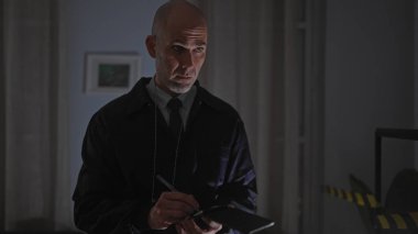 Koyu renk ceketli, ciddi, kel bir adam elinde bir not defteri ve kalemle içeride duruyor. Muhtemelen bir suç mahallini araştırıyor..