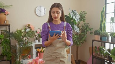 Kapalı çiçek dükkanında yeşil bitkilerle çevrili tablet kullanan İspanyol kadın.