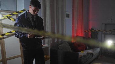 İspanyol dedektif evdeki suç mahallini inceler, kanıtları inceler ve notlar alır.