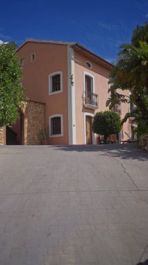 Akdeniz villası, taş aksanlı, balkonlu ve açık mavi gökyüzünün altında yemyeşil bitkiler..