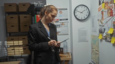 Genç bir kadın dedektif, soruşturma kanıtları ve kayıp kişi ilanlarıyla çevrili bir polis merkezinde notlar alıyor..