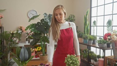 Kırmızı önlüklü beyaz bir kadın. Çiçekçi dükkanında çiçek düzenliyor. Yeşillik bir yer.