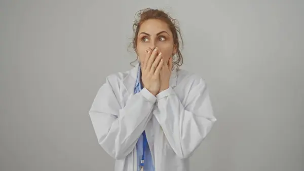 Surprised Caucasian Woman White Lab Coat Isolated White Background Covering — Stockfoto