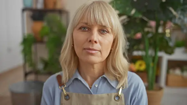 stock image A portrait of a blonde woman wearing an apron against a blurred flower shop interior background.