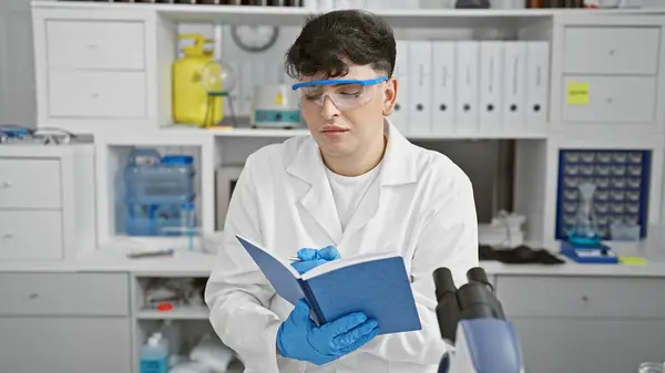 stock image Man in lab coat reading a manual in a modern laboratory with microscope and equipment
