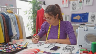 Odaklanmış İspanyol bir kadın moda ve yaratıcılığı gösteren renkli bir terzilik stüdyosunda tasarımlar çiziyor..