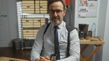 Dedektifi canlandıran sakallı bir adam polis karakolunda rozeti olan bir masada oturuyor. Otorite ve düşüncelilik yayıyor..