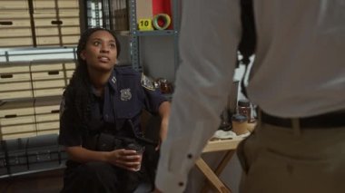 Kadın polis, arşiv kutuları ve kahve fincanlarıyla bir depoda meslektaşıyla konuşuyor. Polis departmanında takım çalışması sergiliyor..
