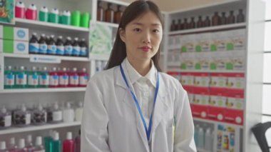 Genç bir Asyalı eczacı kadın modern bir eczanede bir tablet tutuyor.