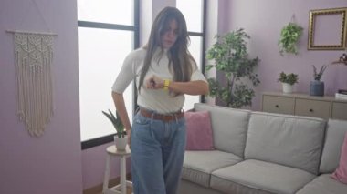 Genç bir kadın modern bir oturma odasında düşünceli bir şekilde duruyor. Çiçekleri bol ve şık dekorları var..