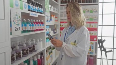 Sarı saçlı, gülümseyen bir eczacı modern bir eczanede elinde akıllı bir telefonla duruyor..