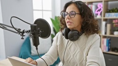 İspanyol kadın modern radyo stüdyosunda podcast yapıyor, mikrofona konuşuyor, kulaklık takıyor.