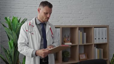 Laboratuvar önlüklü düşünceli bir adam klinikteki tıbbi belgeleri inceliyor..